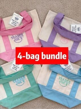 4 Trader Joe's Mini Canvas Tote - Pastel Pink, Purple, Green, Blue